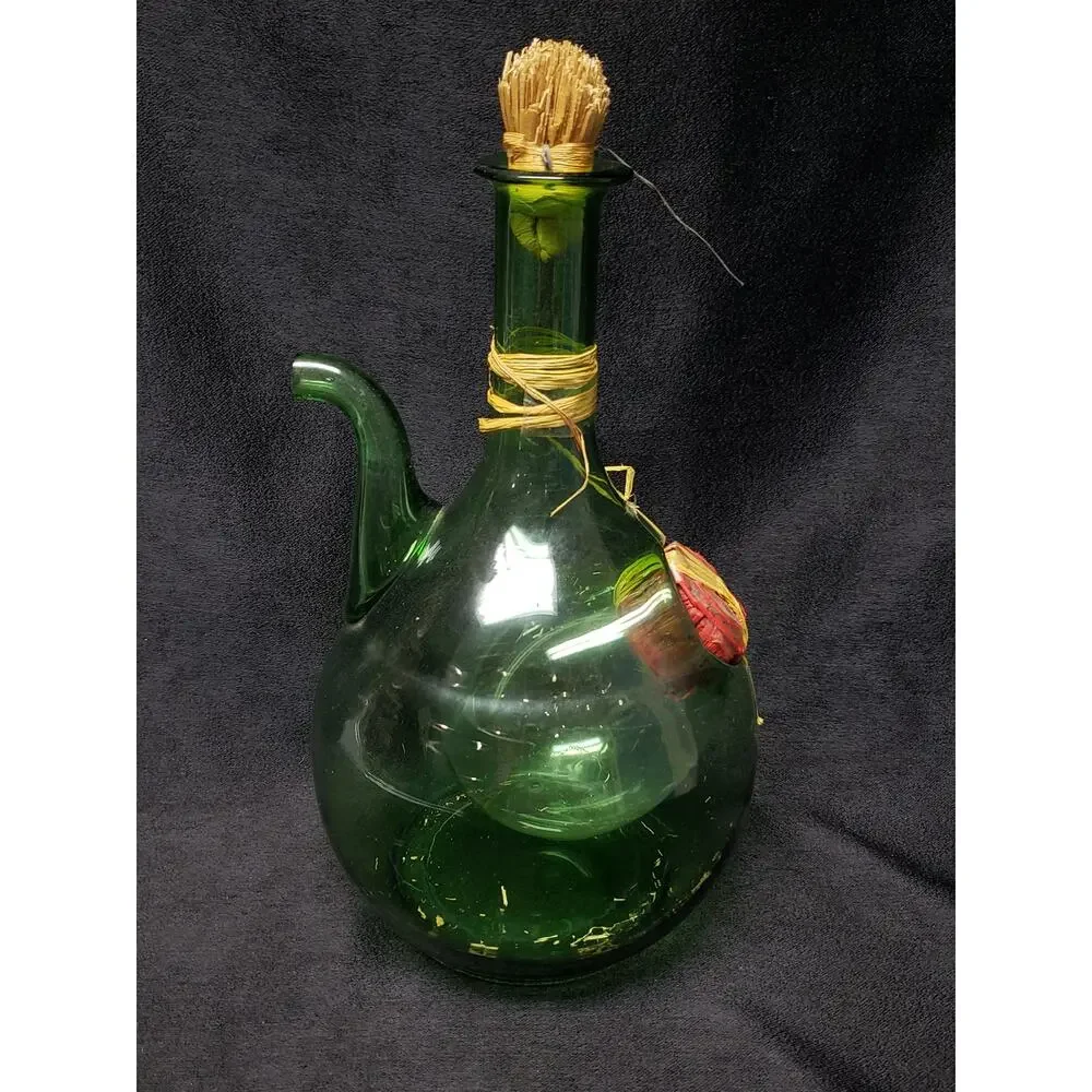 Vintage Italian Green Hand Blown Glass Wine Decanter w Ice Chamber Made In Italy